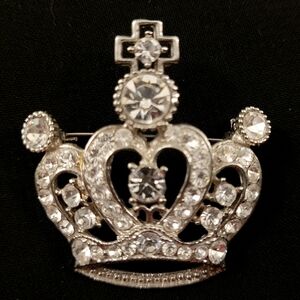 Silver Crown And Rhinestone Pin Brooch
